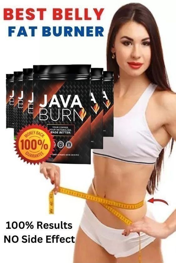 Product advertisement for Java Burn weight loss supplement labeled 'BEST BELLY FAT BURNER' showing product packaging with 100% money back guarantee seal alongside a person in white athletic wear measuring their waist with a yellow measuring tape. Text claims '100% Results NO Side Effect'.