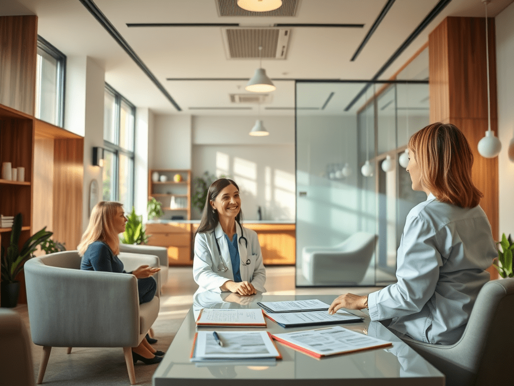 Modern office setting with professionals engaged in a discussion, creating a collaborative and welcoming atmosphere.