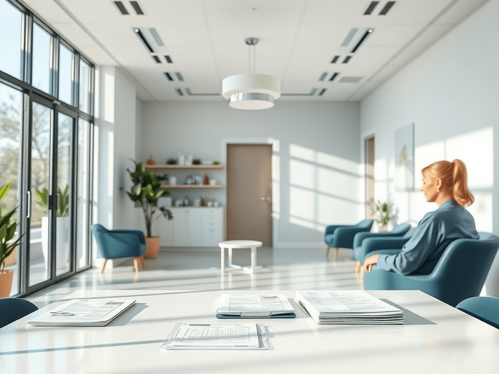 Bright, modern office lounge with a woman sitting and waiting, creating a calm and professional ambiance.