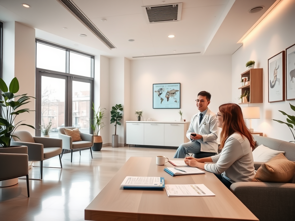 Modern office lounge with two professionals having a conversation, creating a professional and welcoming atmosphere.