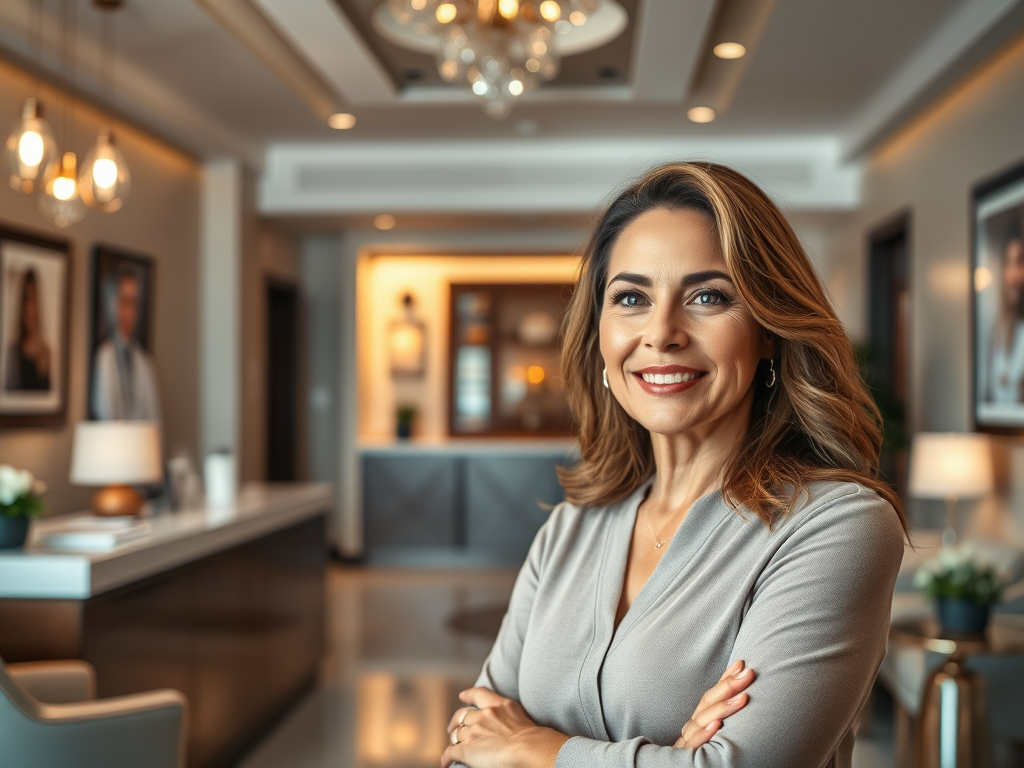 Confident woman standing with arms crossed in a professional, well-lit office setting.