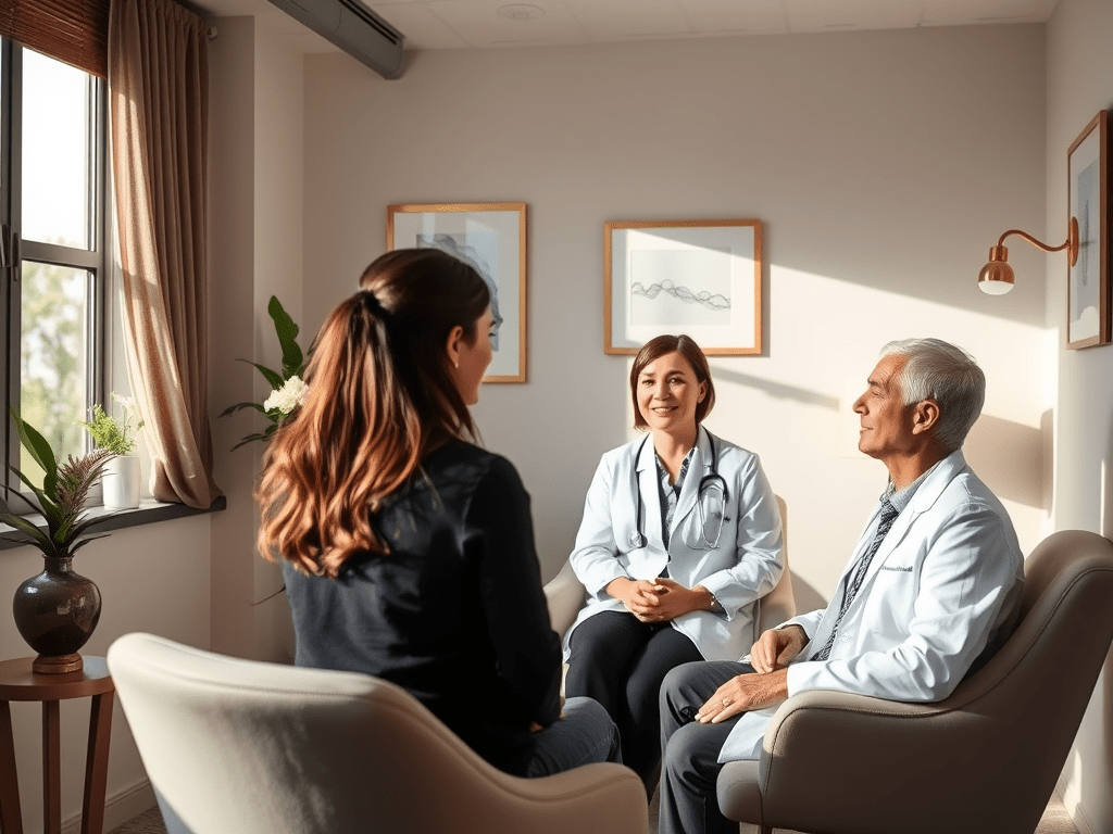 Doctor consulting with an elderly couple in a warmly lit medical office.
