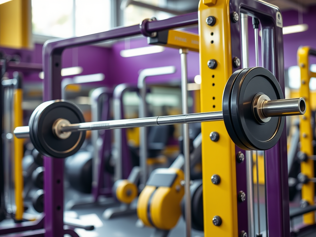Barbell on a squat rack inside a Planet Fitness gym, featuring the brand’s signature purple and yellow equipment.