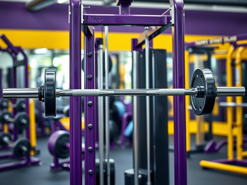 Planet Fitness gym interior with strength training equipment and signature purple and yellow color scheme.