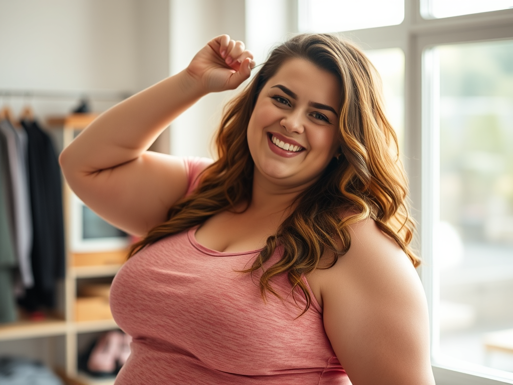 Confident, smiling woman in a pink workout top raising her arm in a joyful pose, standing in a bright room