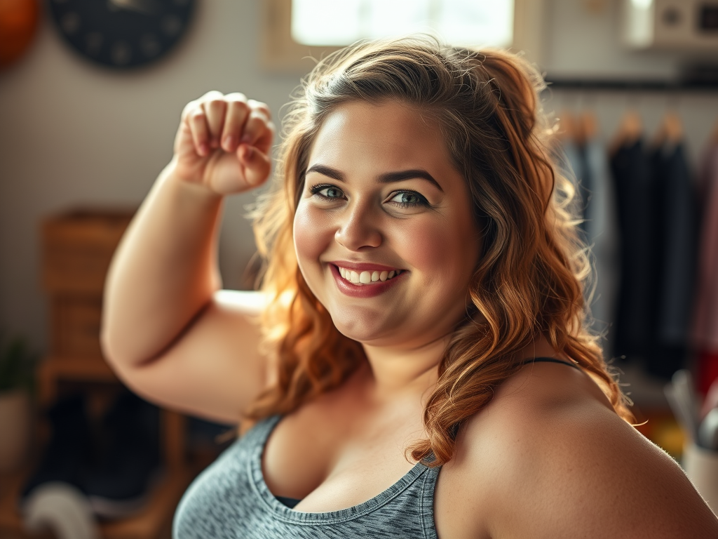 Smiling woman in athletic wear raising her arm in a confident pose, standing in a warmly lit room