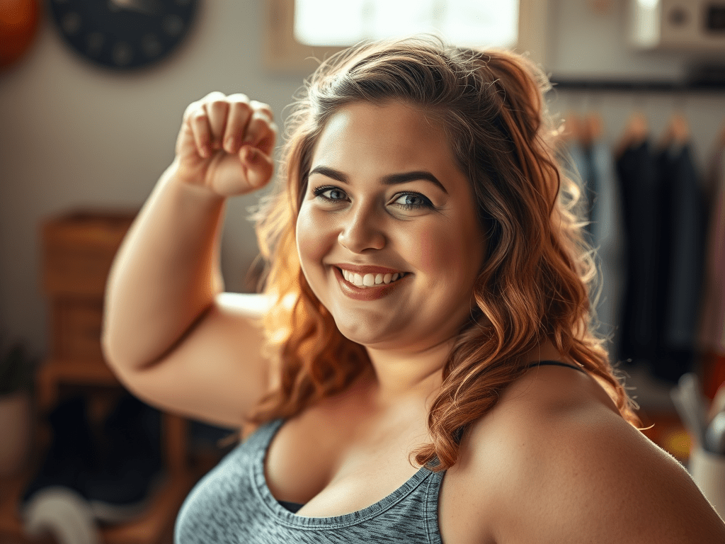 Smiling woman in athletic wear raising her arm in a confident pose, standing in a warmly lit room
