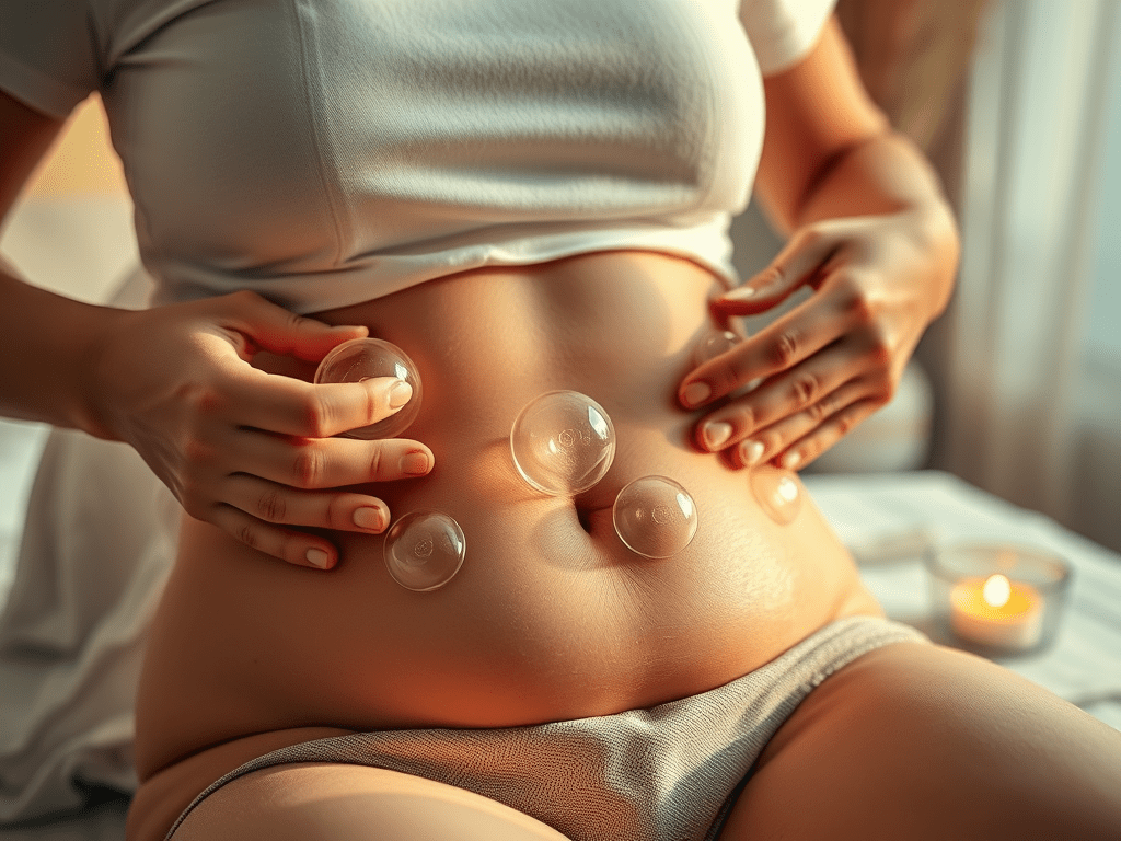 Close-up of a cupping therapy session on a person's abdomen, emphasizing relaxation and wellness.