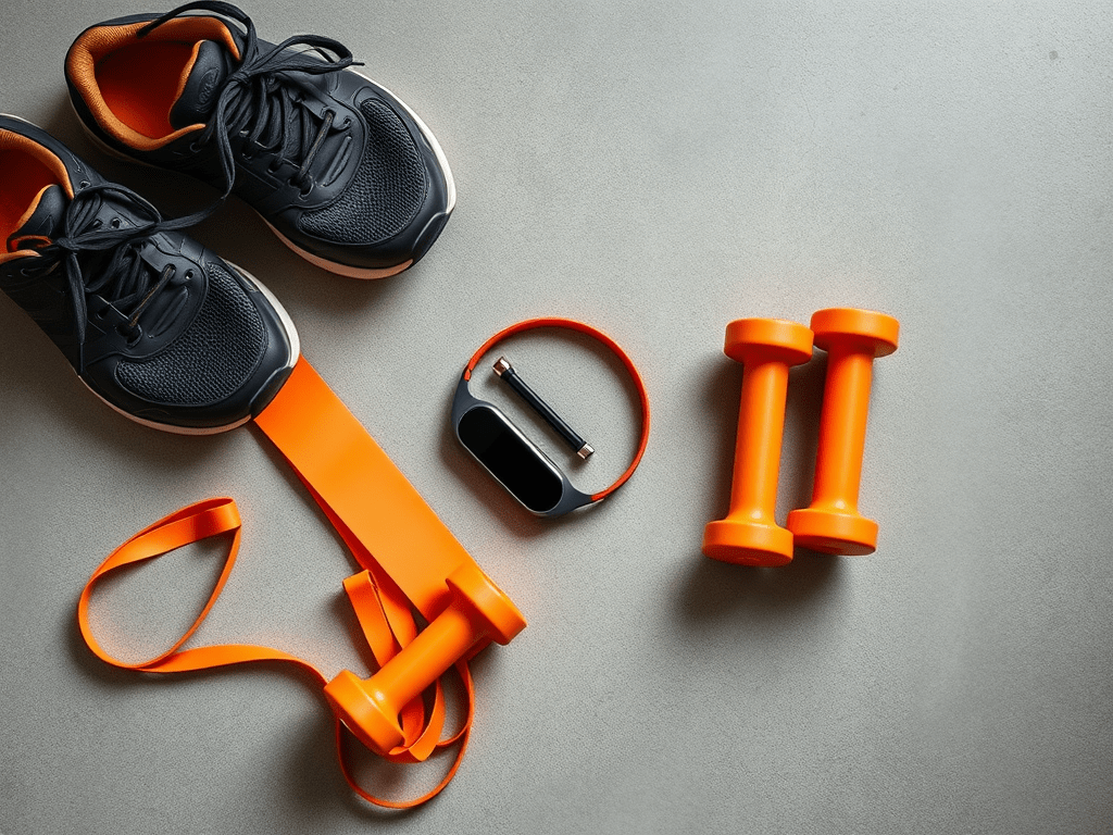 A flat lay of fitness essentials including black athletic shoes, an orange resistance band, a pair of orange dumbbells, and wireless earbuds arranged on a white background.