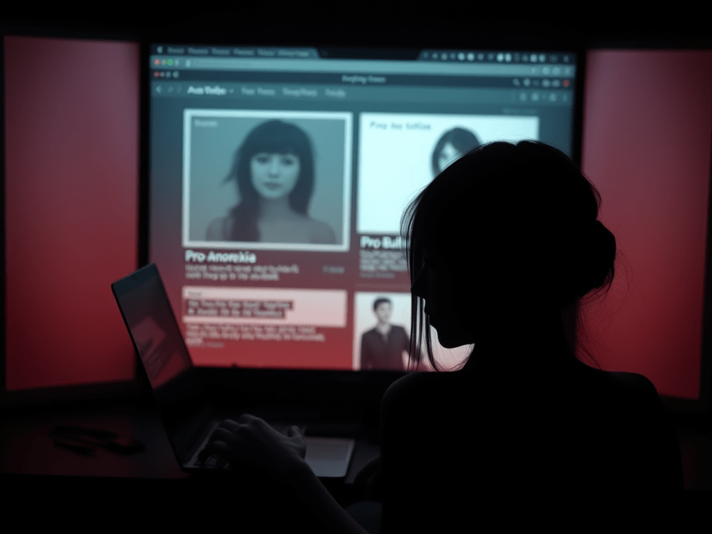 A person sitting in a dark room, silhouetted against a glowing screen displaying a profile and text, creating a mysterious or investigative atmosphere.