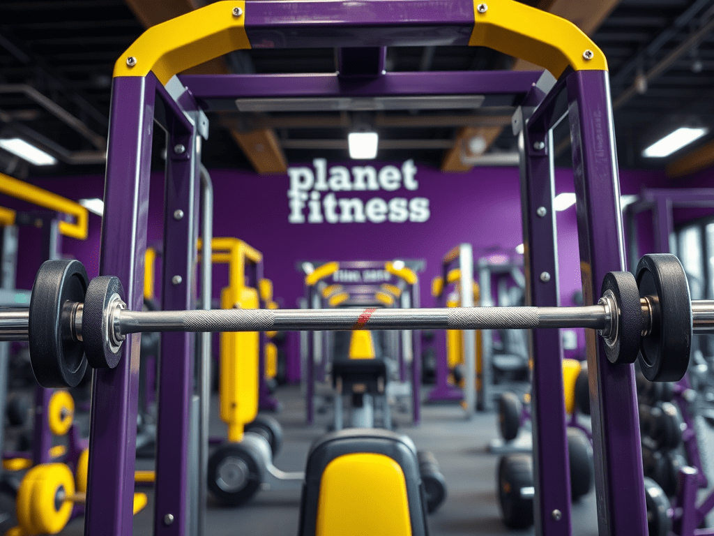 Planet Fitness gym interior featuring strength training equipment in the signature purple and yellow color scheme.