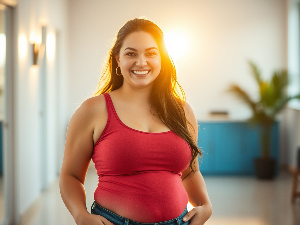 A smiling woman in a red tank top standing in a bright, sunlit room, exuding confidence and happiness.